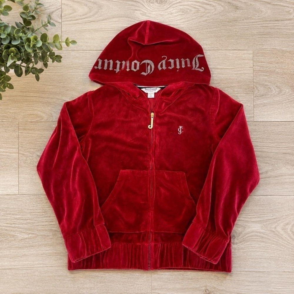 Juicy Couture Girls Red Velour Zip‎ Hoodie Size 7 Y2K Bling Logo